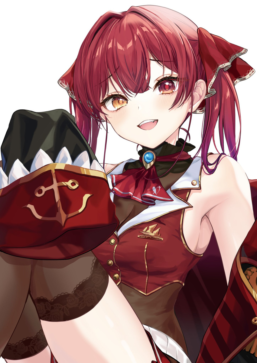 1girl black_coat black_thighhighs breasts coat cropped_jacket hair_ribbon harusame349 heterochromia highres hololive houshou_marine houshou_marine_(1st_costume) jacket large_breasts leotard leotard_under_clothes long_hair looking_at_viewer open_mouth red_coat red_eyes red_hair red_jacket red_ribbon ribbon sleeveless sleeveless_jacket smile solo thighhighs twintails two-sided_coat two-sided_fabric virtual_youtuber yellow_eyes