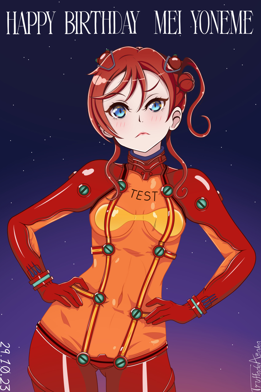 1girl absurdres artist_name blue_eyes blush bodysuit character_name closed_mouth commentary cosplay dated english_commentary frown gradient_background hair_bun hands_on_own_hips happy_birthday highres leaning_to_the_side looking_at_viewer love_live! love_live!_superstar!! neon_genesis_evangelion plugsuit raised_eyebrow red_bodysuit red_hair single_side_bun solo souryuu_asuka_langley souryuu_asuka_langley_(cosplay) standing test_plugsuit truffadeazalea upper_body yoneme_mei