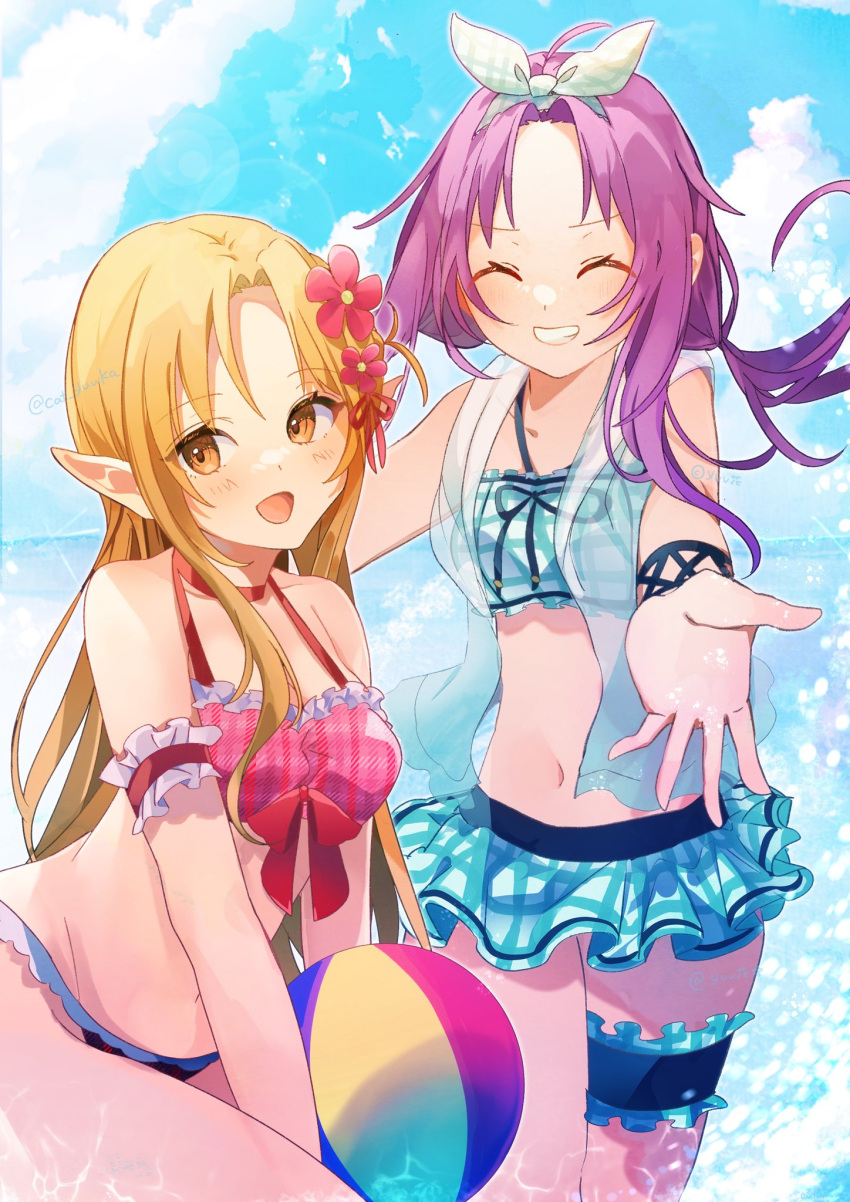 2girls :d arm_strap artist_name asuna_(sao) ball beachball bikini blue_bikini blue_sky blush bow bow_bikini breasts brown_eyes checkered_bikini checkered_clothes closed_eyes cloud cloudy_sky collarbone commentary_request cowboy_shot day facing_another forehead frilled_bikini frills grin hair_ornament headband highres holding holding_ball holding_beachball light_brown_hair long_hair looking_at_viewer medium_hair multiple_girls navel open_mouth outdoors plaid plaid_bikini pointy_ears purple_hair red_bikini red_bow sky small_breasts smile stomach swimsuit sword_art_online thigh_strap twitter_username wading white_headband yuuka0922 yuuki_(sao)