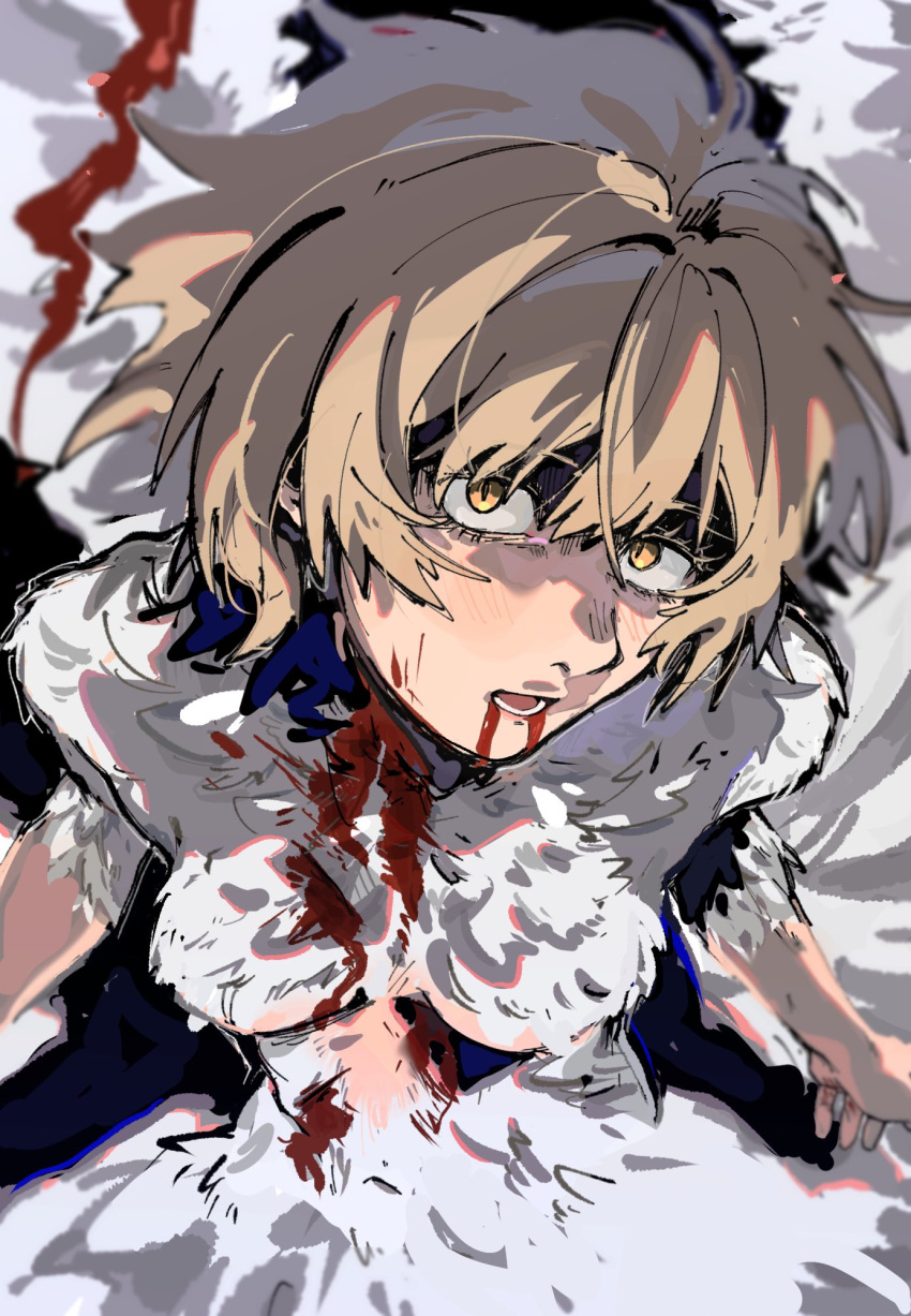 1girl blonde_hair blood blood_from_mouth blood_on_face blush body_fur breasts chimera commentary dungeon_meshi falin_touden falin_touden_(chimera) feathers hair_between_eyes highres looking_at_viewer medium_breasts monster_girl open_mouth orange_eyes short_hair solo wahootarou white_fur
