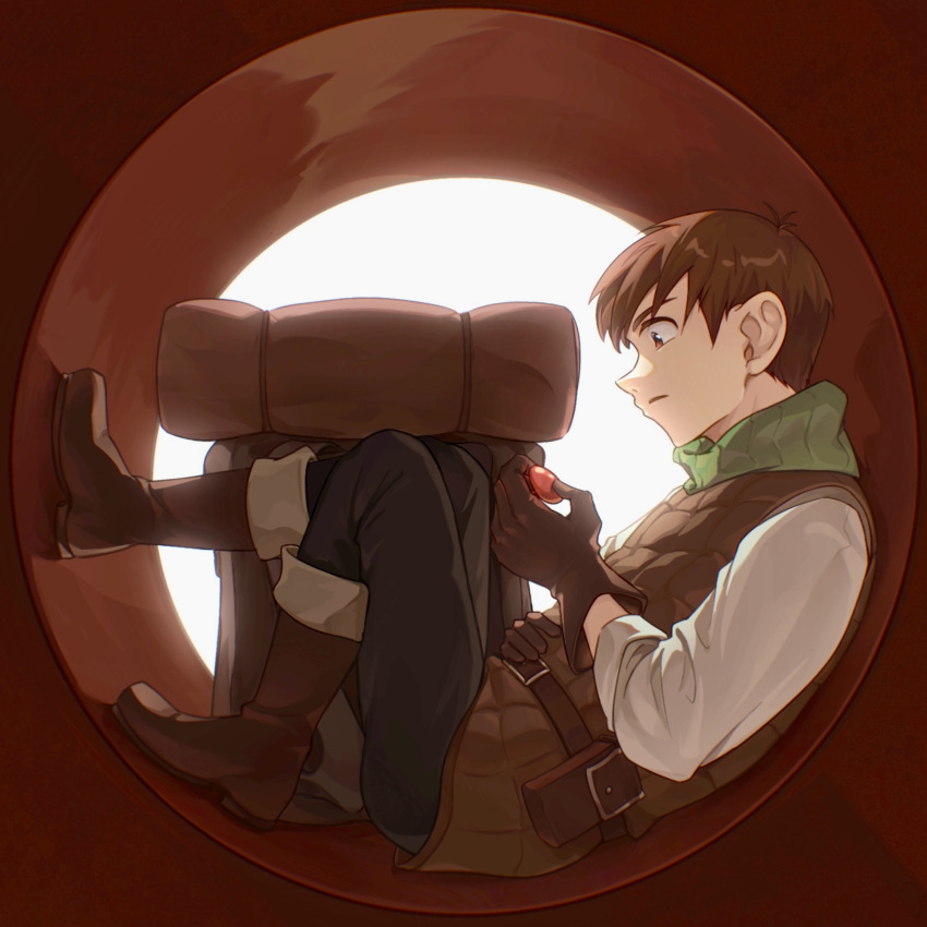 1boy backpack bag belt brown_eyes brown_footwear brown_gloves brown_hair brown_vest chilchuck_tims dungeon_meshi full_body gloves hand_on_own_stomach highres male_focus neck_warmer pants short_hair solo unworn_backpack unworn_bag vest yato_(alphonse59)