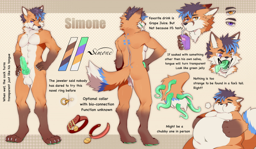 anthro canid canine collar drinking fox genitals grape_juice green_pawpads green_penis green_tentacles green_tongue hi_res juice_(beverage) male mammal model_sheet neck_belt orange_body orange_eyes pawpads penis purple_eyes reddog0701 simone_parker solo tentacles tongue