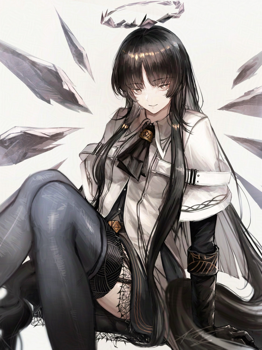 1girl absurdres arknights ascot black_ascot black_gloves black_hair black_skirt black_thighhighs bright_pupils commentary donata_(donatasama) feet_out_of_frame garter_straps gloves grey_background grey_eyes halo highres knees_up long_hair looking_at_viewer miniskirt shirt simple_background sitting skirt solo thighhighs thighs very_long_hair virtuosa_(arknights) white_pupils white_shirt