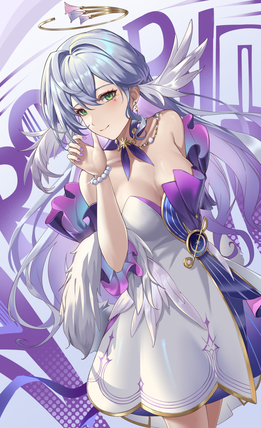 1girl absurdres bare_shoulders bead_bracelet beads bracelet breasts choker cleavage closed_mouth commentary cowboy_shot detached_sleeves dress facial_mark green_eyes grey_hair hair_intakes hand_up highres honkai:_star_rail honkai_(series) jewelry kinokoneko long_hair looking_at_viewer nail_polish necklace purple_choker purple_nails revision robin_(honkai:_star_rail) short_sleeves smile solo standing strapless strapless_dress very_long_hair white_dress