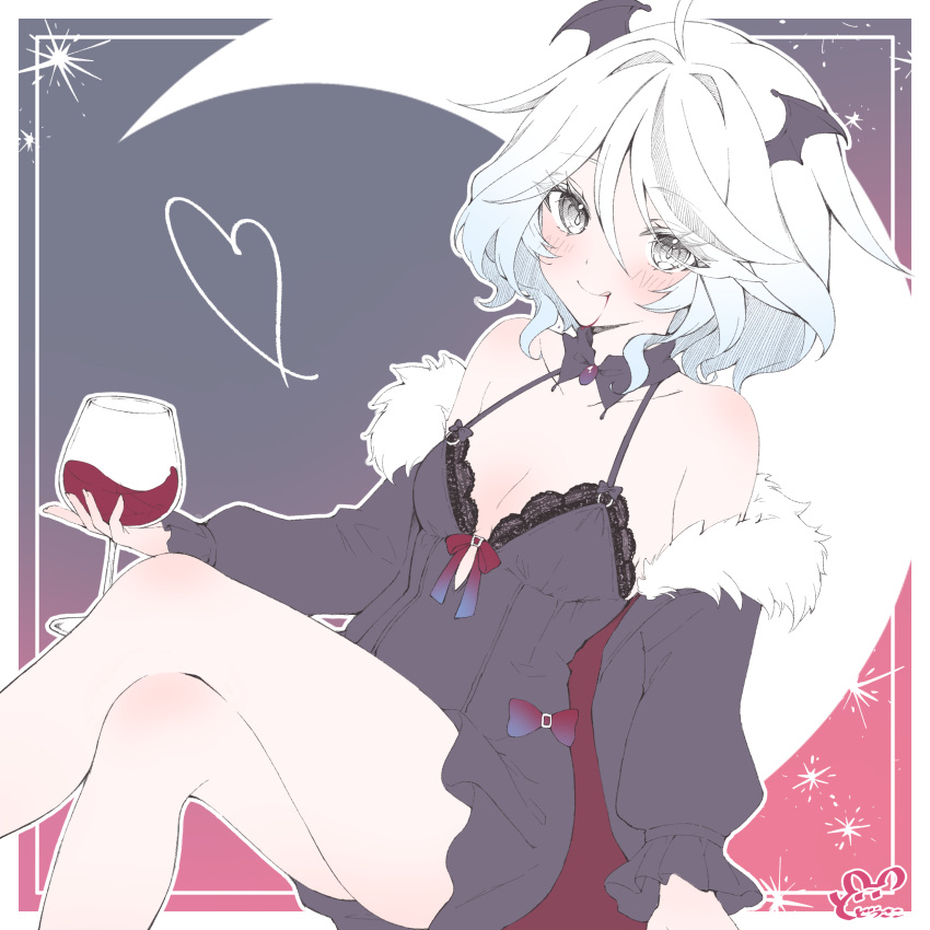 1girl :q absurdres ambiguous_red_liquid black_background black_jacket black_nightgown blue_hair breasts closed_mouth collarbone crescent_moon crossed_legs cup demon_ears dodosako drinking_glass from_side fur-trimmed_jacket fur_trim furina_(genshin_impact) genshin_impact gradient_hair highres holding holding_cup jacket light_blue_hair medium_breasts moon multicolored_hair nightgown off_shoulder red_background short_hair signature smile solo tongue tongue_out wavy_hair white_background white_hair wine_glass