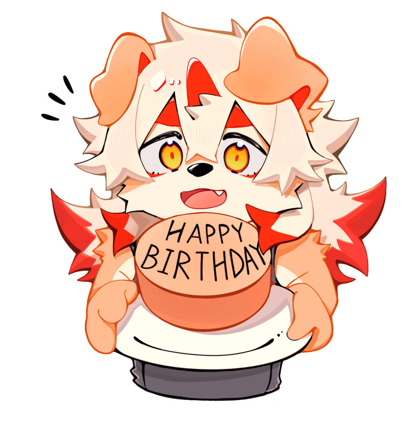 1boy arknights birthday_cake black_shirt cake chibi chinese_commentary colored_tips commentary_request fang food furry furry_male happy_birthday highres holding holding_plate horns hung_(arknights) komainu_boy komainu_ears male_focus multicolored_hair notice_lines open_mouth orange_eyes plate second-party_source shirt single_horn sleeveless sleeveless_shirt smile upper_body wang_yzzx white_background