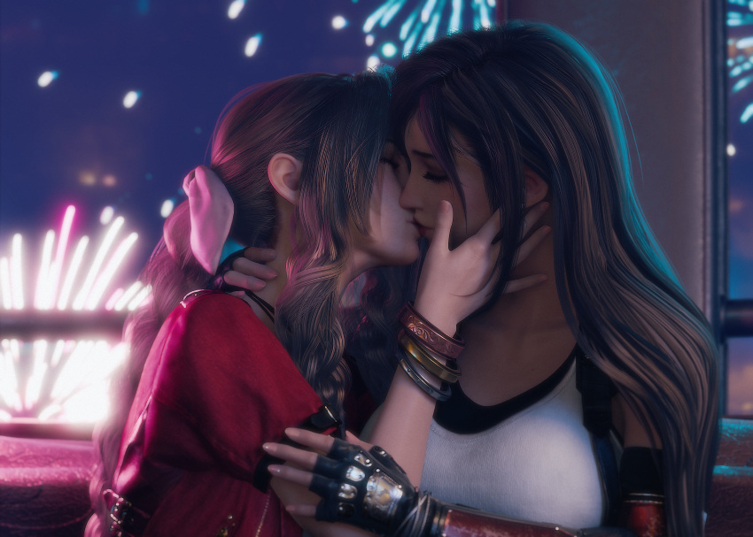 2girls absurdres aerial_fireworks aerith_gainsborough black_gloves black_hair black_undershirt bracelet braid braided_ponytail breasts brown_hair closed_eyes final_fantasy final_fantasy_vii final_fantasy_vii_rebirth final_fantasy_vii_remake fingerless_gloves fireworks gloves hair_ribbon hand_on_another's_cheek hand_on_another's_face highres jacket jewelry kiss large_breasts long_hair multiple_girls night red_jacket ria_(baka-neearts) ribbon single_braid suspenders tank_top tifa_lockhart undershirt white_tank_top yuri