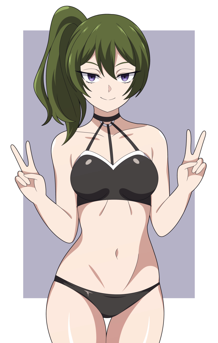 1girl absurdres abysswatchers bare_shoulders bikini black_bikini black_choker border breasts choker closed_mouth collarbone cowboy_shot double_v green_hair high_side_ponytail highres medium_breasts navel purple_eyes smile solo sousou_no_frieren stomach swimsuit thigh_gap ubel_(sousou_no_frieren) v white_border