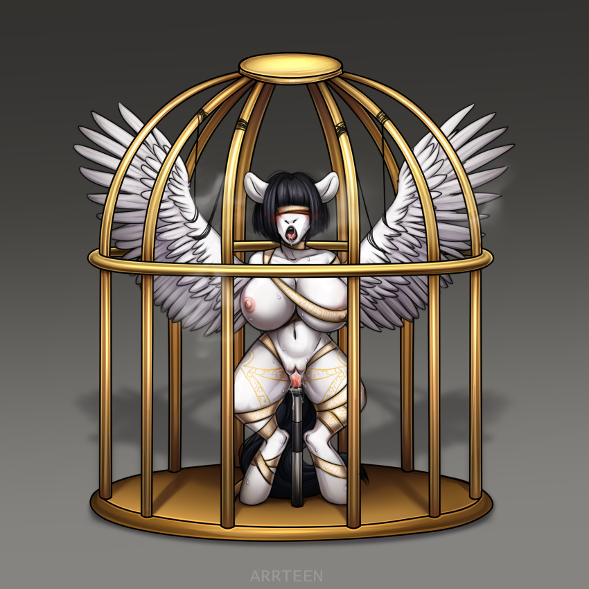 anthro arrteen bdsm big_breasts bird_cage birdcage blindfold bodily_fluids bondage bound breasts equid equine feathered_wings feathers female hands_behind_back hasbro hi_res horse mammal my_little_pony mythological_creature mythological_equine mythology one-bar_prison open_mouth pegasus penetration pony runescript sensory_deprivation solo spicy_stir vaginal vaginal_penetration wings