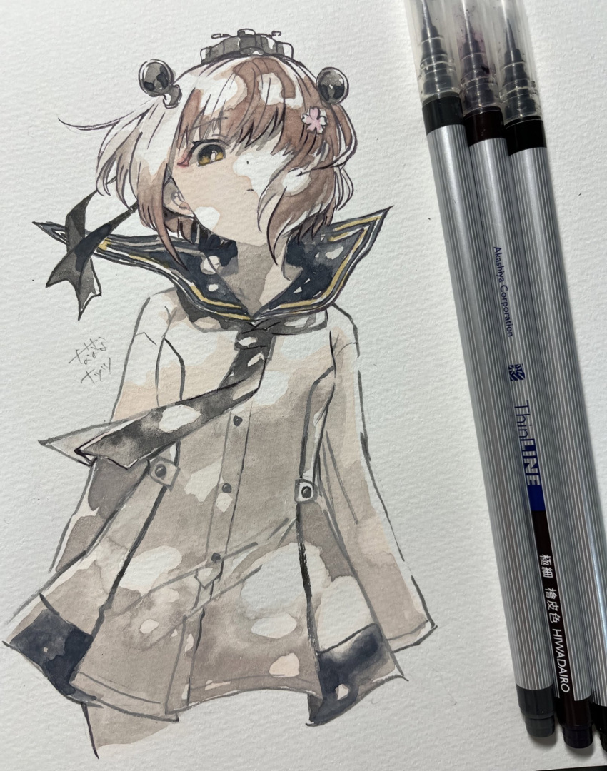 1girl art_tools_in_frame brown_eyes brown_hair dress expressionless flower hair_flower hair_ornament headgear highres kantai_collection looking_at_viewer nanananatsu neckerchief painting_(medium) photo_(medium) sailor_collar sailor_dress short_hair solo traditional_media watercolor_(medium) yukikaze_(kancolle) yukikaze_kai_ni_(kancolle)