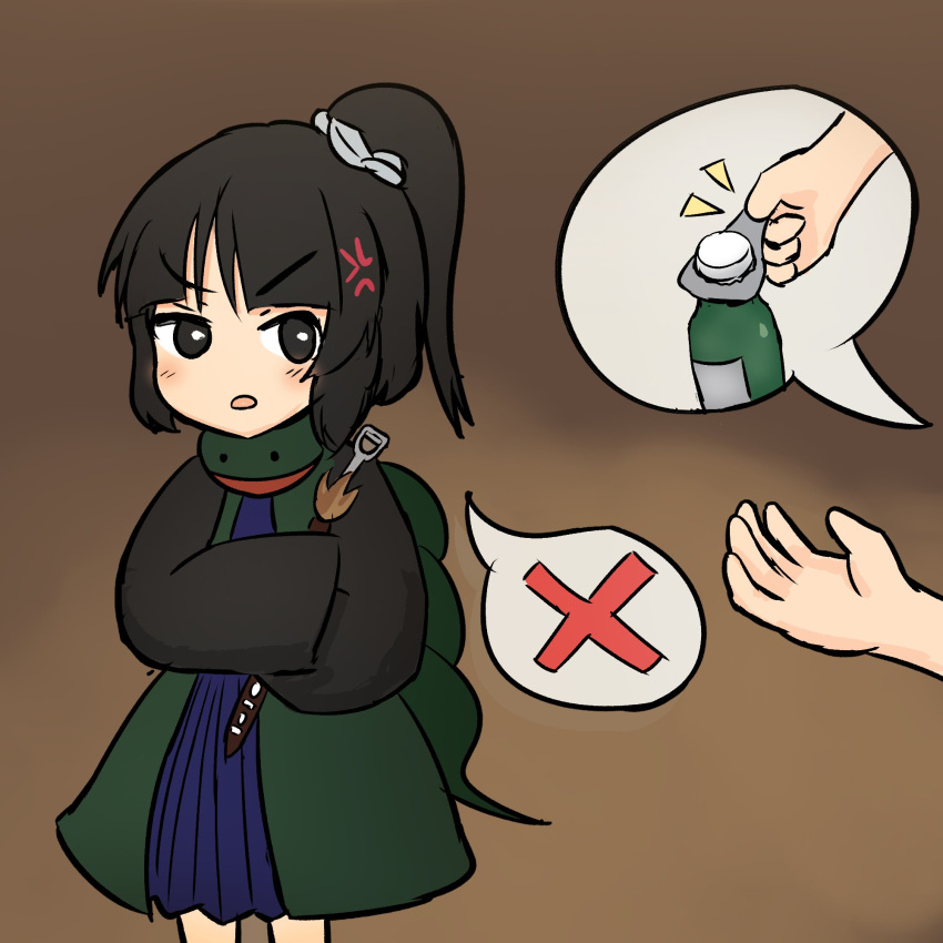 1other adagumo_no_yaorochi androgynous anger_vein angry black_eyes black_hair black_sleeves blue_hakama blue_shirt blunt_bangs bottle bottle_opener bright_pupils brown_background commentary cowboy_shot english_commentary ferdy's_lab gift_art green_jacket green_scarf hair_ornament hair_scrunchie hakama hakama_short_skirt hakama_skirt haori high_side_ponytail highres hugging_object jacket japanese_clothes len'en light_blush long_sleeves looking_at_another multiple_tails notice_lines open_mouth other_focus red_scarf scarf scrunchie shirt short_hair simple_background skirt sleeveless sleeveless_jacket snake_tail solo_focus spoken_object spoken_x sword_of_kusanagi tail tasouken v-shaped_eyebrows white_pupils white_scrunchie