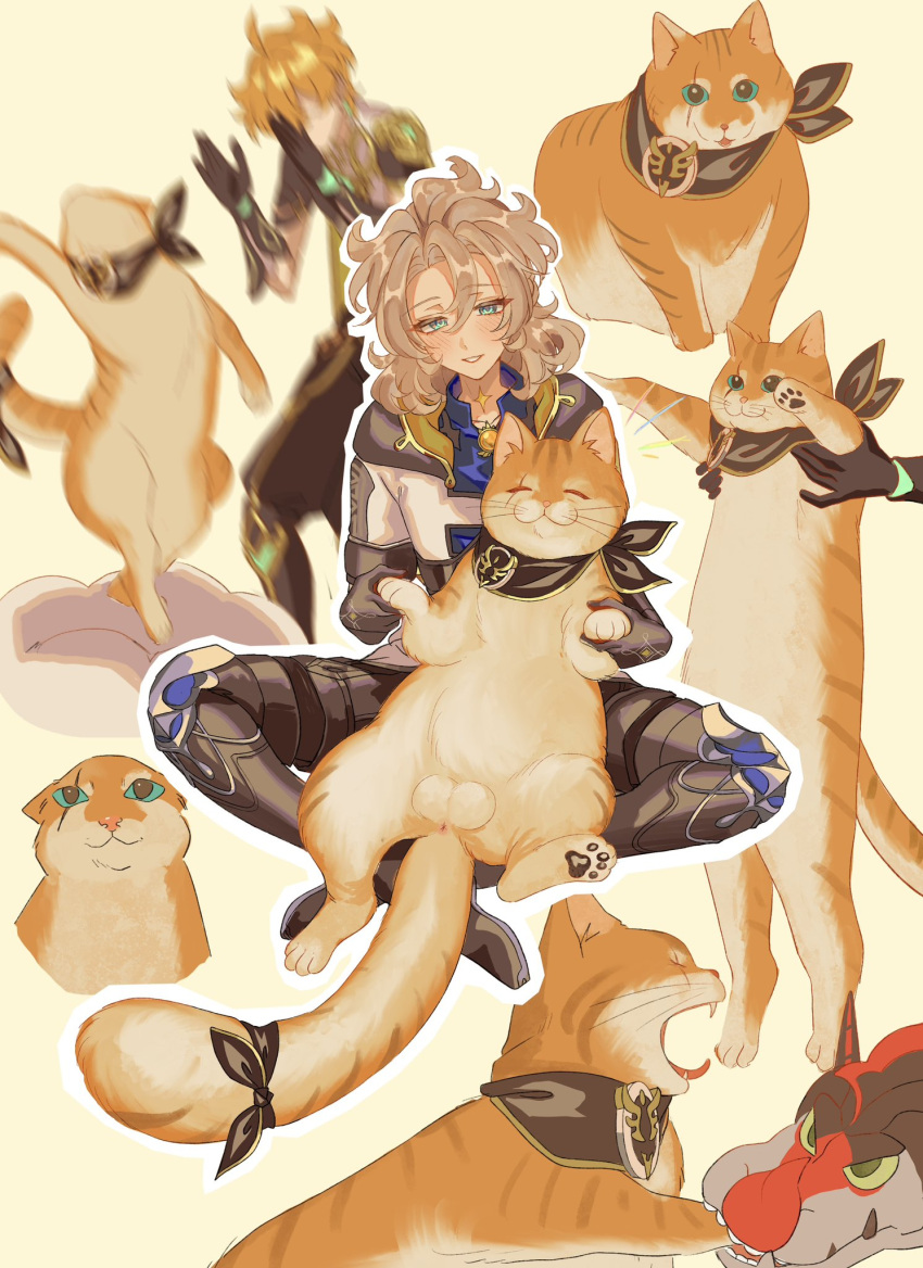 2boys aether_(genshin_impact) ahoge albedo_(genshin_impact) animal animal_ears animal_nose armor blonde_hair blue_eyes blue_shirt blush boin_burin boots braid brown_footwear brown_gloves brown_pants brown_scarf brown_shirt cat cat_ears cat_tail closed_eyes closed_mouth collarbone commentary_request dragon dragon_horns faceless faceless_male fang fangs gem genshin_impact gloves gold_trim hair_between_eyes hands_up highres holding holding_animal hood hoodie horns light_brown_hair long_hair longcat_(meme) looking_at_another looking_at_viewer mandarin_collar meme multiple_boys orange_fur orange_gemstone pants scar scar_across_eye scar_on_neck scarf shirt short_hair short_sleeves shoulder_armor simple_background sitting smile tail teeth tongue tongue_out vision_(genshin_impact) white_hoodie white_scarf yellow_background