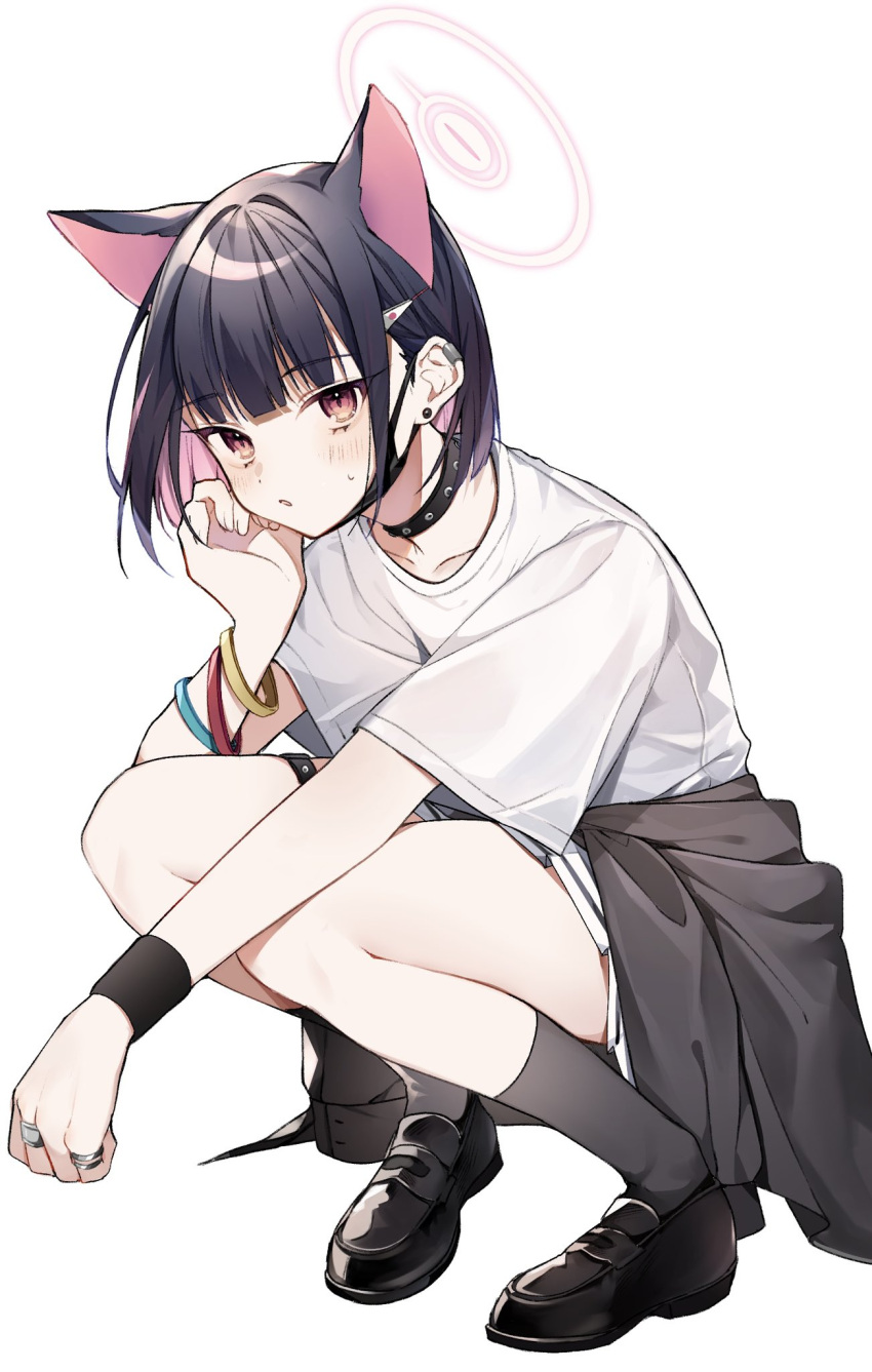 animal_ears black_hair blue_archive cat_ears cat_girl halo highres kazusa_(band)_(blue_archive) kazusa_(blue_archive) medium_hair multicolored_hair official_alternate_costume pink_hair shirt two-tone_hair usamimikurage white_shirt