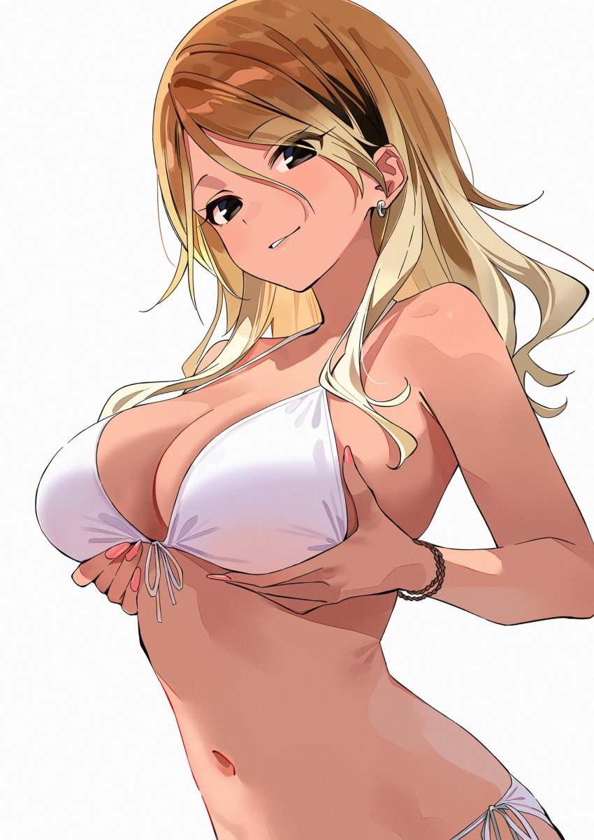 1girl bikini black_eyes blonde_hair bracelet breast_lift breasts cleavage commentary_request earrings from_below front-tie_bikini_top front-tie_top gradient_hair highres idolmaster idolmaster_shiny_colors izumi_mei jewelry kinjin large_breasts long_hair looking_at_viewer multicolored_hair nail_polish navel parted_lips pink_nails side-tie_bikini_bottom simple_background solo swimsuit upper_body white_background white_bikini