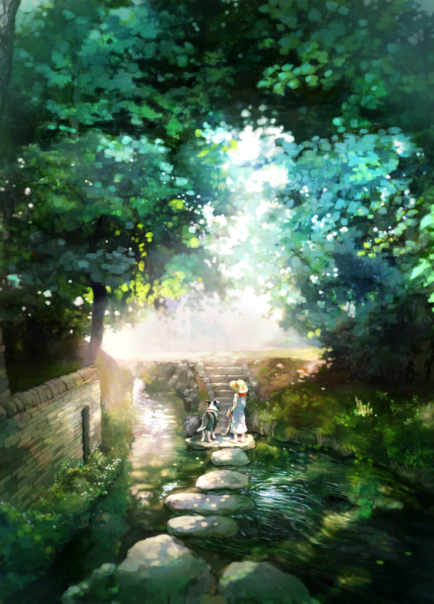 1girl absurdres commentary dappled_sunlight dog dress hat highres leash medium_hair nao1524 nature original path red_hair ripples sandals scenery solo straw_hat summer sun_hat sunlight tree water