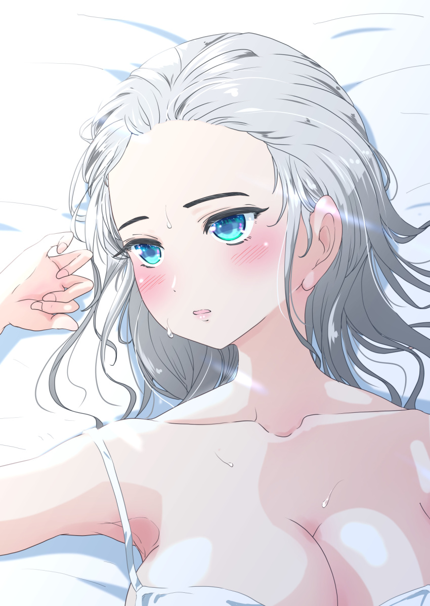 1girl arm_up blue_eyes blush bra breasts cleavage collarbone commentary_request eyelashes fingernails forehead grey_hair highres large_breasts looking_afar lying medium_hair messy_hair off_shoulder on_back on_bed original parted_lips sakurai708 solo sun_glare sweat turning_head underwear upper_body white_bra