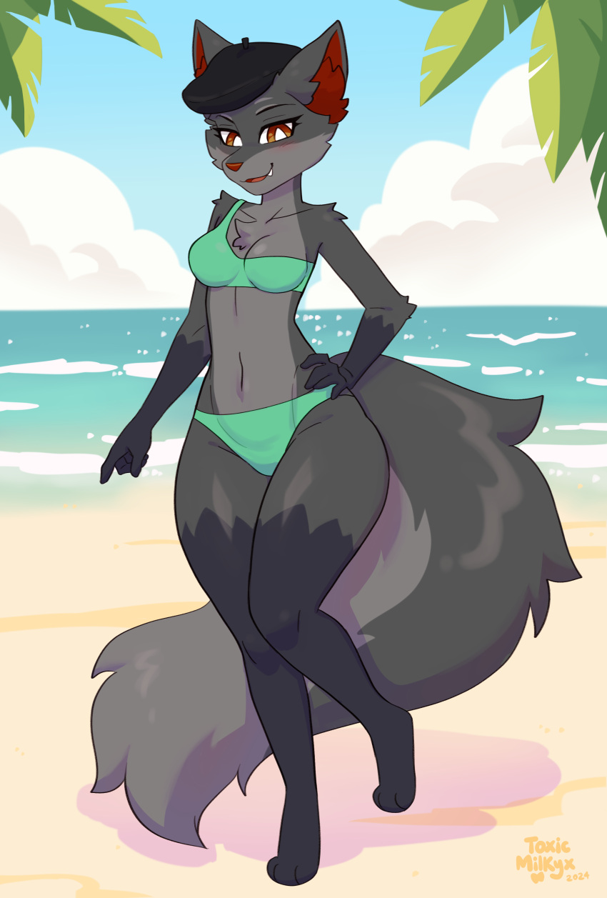 absurd_res anthro beach beret betina_(betina-anjing) bikini blue_sky clothing cloud detailed_background female generation_3_pokemon hand_on_hip hat headgear headwear hi_res leaf mightyena nintendo pokemon pokemon_(species) sand sea sky solo swimwear toxicmilkyx water