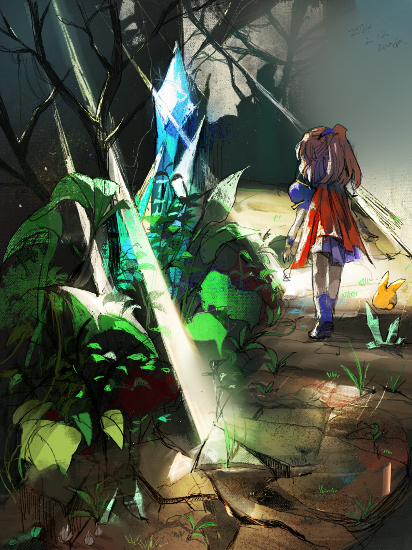 1girl arle_nadja armor arms_at_sides blue_footwear blue_skirt boots brown_hair cape carbuncle_(puyopuyo) crystal facing_away forest grass highres light long_hair madou_monogatari nature outdoors plant ponytail puyopuyo red_cape shoulder_armor skirt solo tree walking yudeedamame_(zundamame)