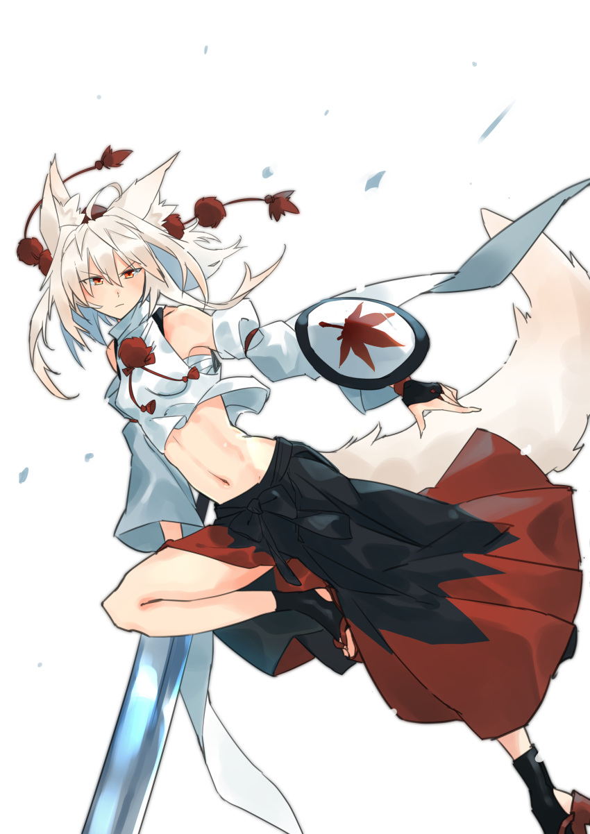 1girl absurdres animal_ears arm_shield bare_shoulders black_skirt chest_sarashi closed_mouth commentary_request crop_top cropped_shirt detached_sleeves foot_out_of_frame grey_hair grey_tail hair_between_eyes hat highres holding holding_sword holding_weapon inubashiri_momiji jumping kakaricho_dairi leaf leg_up long_hair long_sleeves looking_to_the_side maple_leaf midriff navel orange_eyes pom_pom_(clothes) red_footwear red_ribbon red_skirt ribbon sandals sarashi serious shield shirt simple_background skirt sleeve_garter sleeveless sleeveless_shirt solo sword tail tokin_hat touhou turtleneck weapon white_background white_shirt white_sleeves