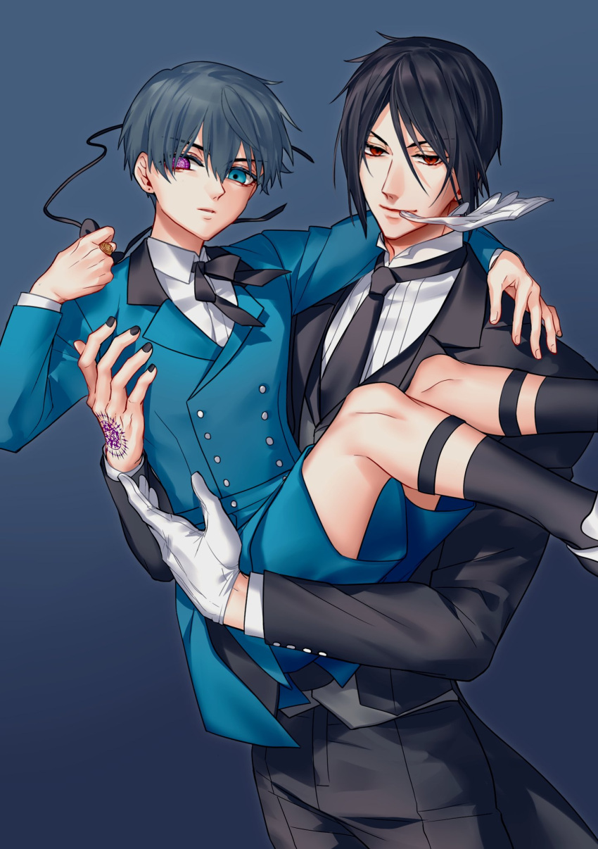 2boys black_footwear black_hair black_jacket black_nails black_necktie black_pants black_ribbon blue_background blue_eyes blue_hair blue_jacket blue_shorts buttons carrying carrying_person ciel_phantomhive closed_mouth collared_shirt dark_blue_hair eyepatch gloves goth_fashion gradient_background hand_on_another's_shoulder hand_tattoo height_difference heterochromia highres holding_eyepatch jacket kuroshitsuji male_focus mouth_hold multiple_boys necktie pants purple_eyes red_eyes ribbon sebastian_michaelis shirt short_hair shorts smile striped_clothes striped_shirt tattoo thigh_strap vertical-striped_clothes vertical-striped_shirt white_gloves white_shirt yuu+1
