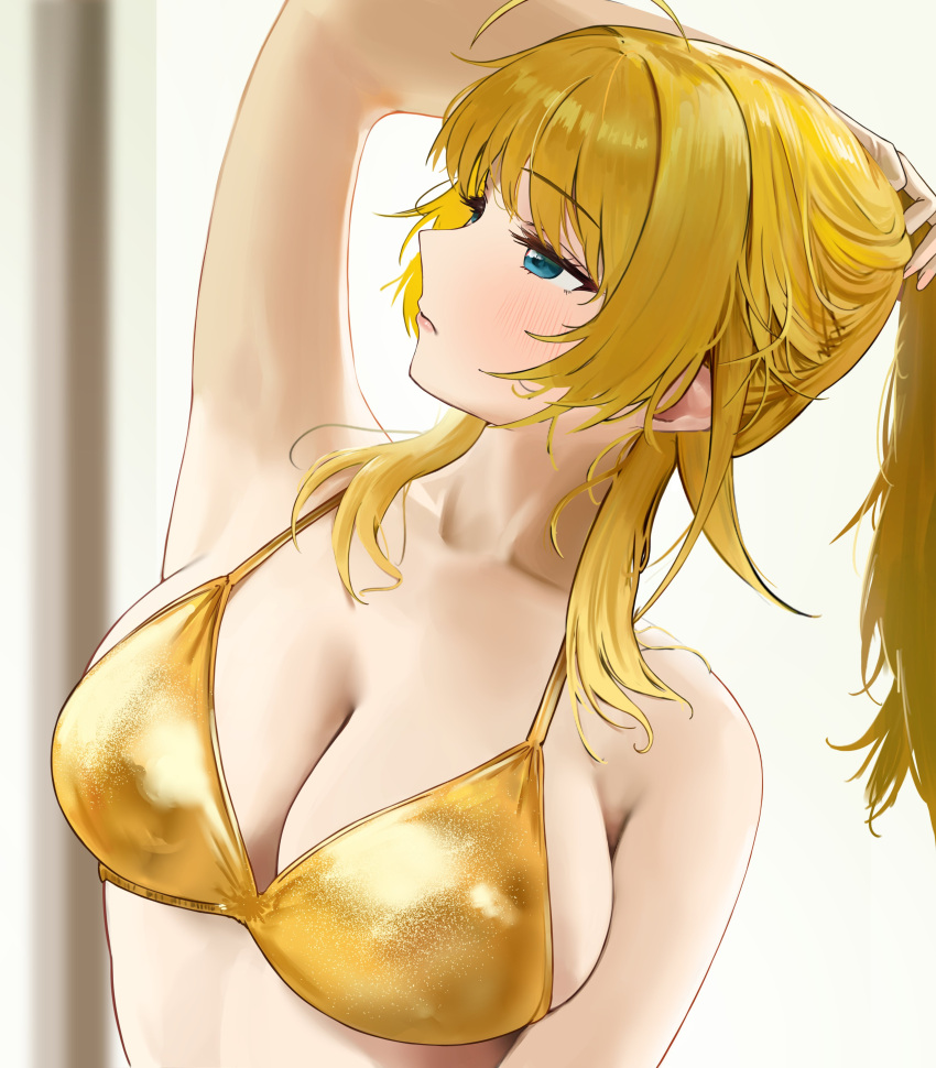 1girl absurdres ahoge arm_up armpits bikini blush breasts cleavage collarbone commentary gold_bikini hachimiya_meguru highres holding holding_hair idolmaster idolmaster_shiny_colors large_breasts long_hair looking_to_the_side pdal_(pdalhhh) sideboob solo swimsuit upper_body