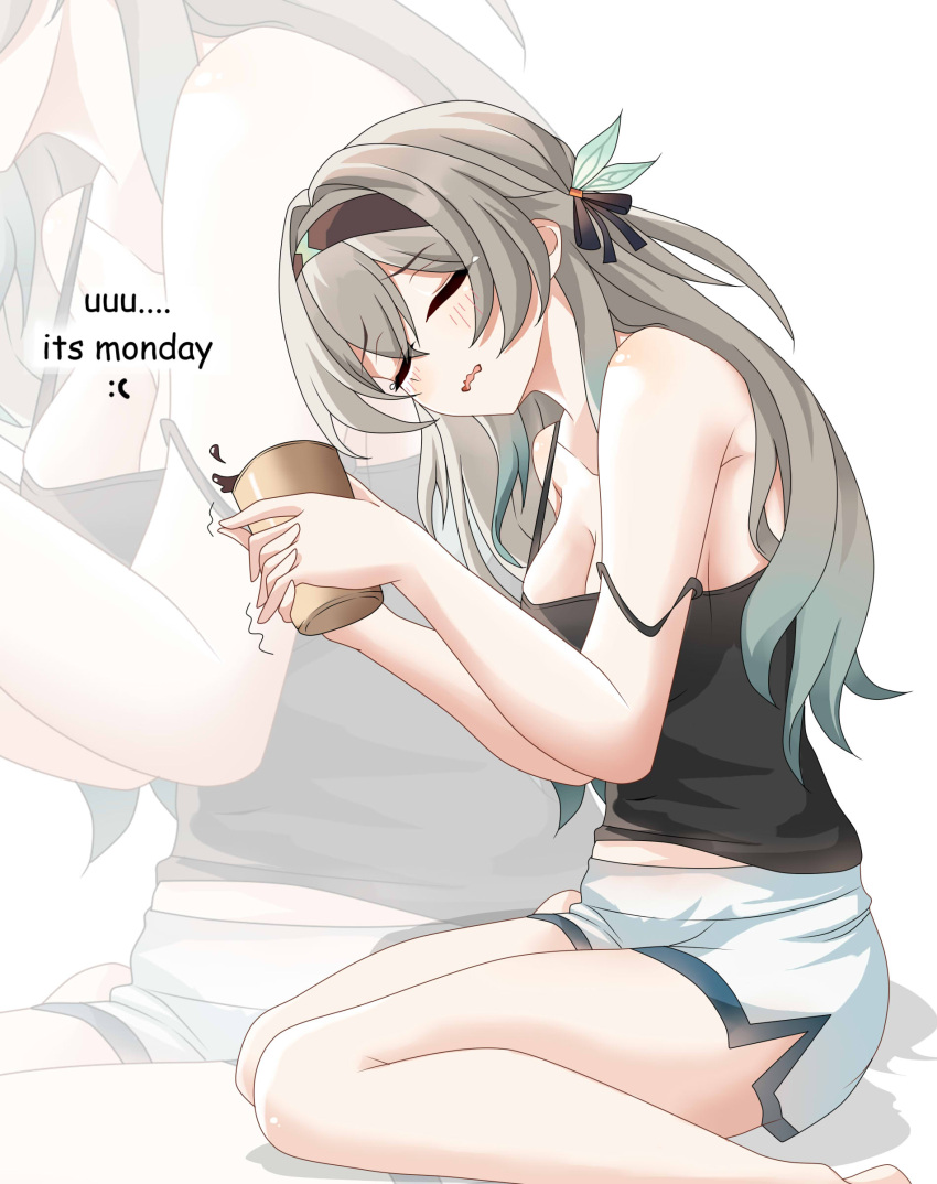 1girl absurdres alternate_costume armpits bare_arms black_hairband black_shirt blush breasts cleavage closed_eyes cup disposable_cup firefly_(honkai:_star_rail) grey_hair hairband highres holding holding_cup honkai:_star_rail honkai_(series) long_hair maxwelzy open_mouth shirt shorts simple_background sitting sleeveless sleeveless_shirt solo wariza white_background white_shorts zoom_layer