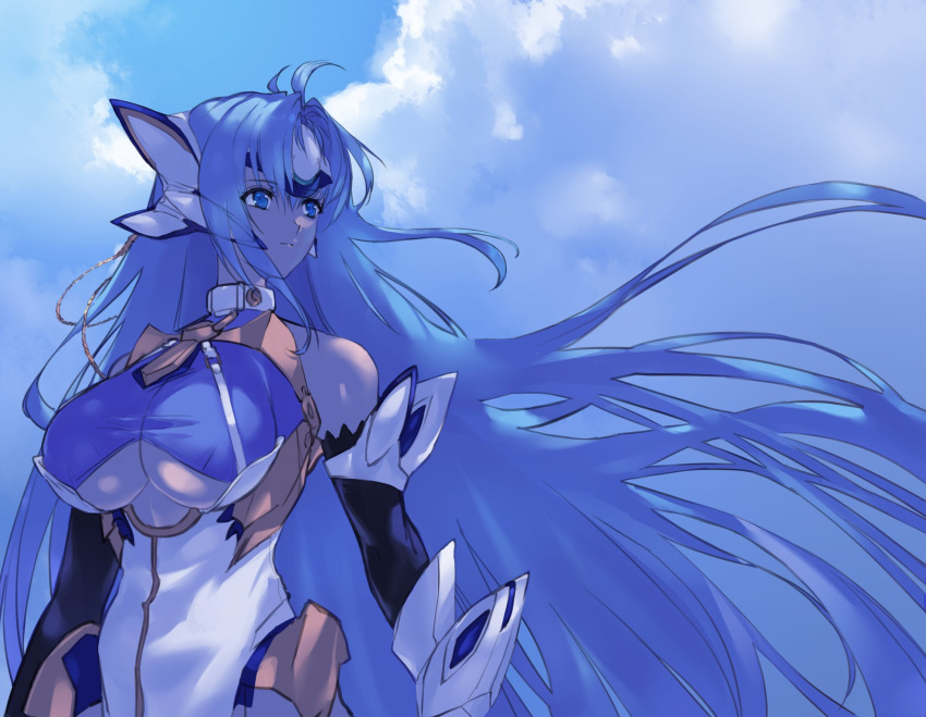 1girl ahoge black_gloves blue_eyes blue_hair blue_sky bodysuit breasts closed_mouth cloud cloudy_sky elbow_gloves gloves highres kos-mos large_breasts long_hair negresco outdoors sky solo upper_body very_long_hair white_bodysuit xenoblade_chronicles_(series) xenoblade_chronicles_2 xenosaga
