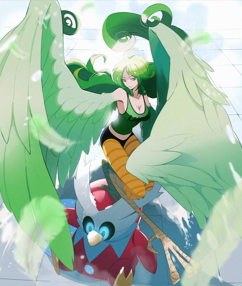 1girl bare_shoulders bird_legs breasts cleavage clothes_writing commentary commission crop_top feather_coat feathered_wings feathers green_feathers green_hair green_tank_top green_wings harpy highres iron_bundle large_breasts long_hair looking_at_viewer midriff monet_(one_piece) monster_girl one_piece pokemon pokemon_(creature) smile snow standing standing_on_another's_head standing_on_one_leg startboii striped_clothes striped_leggings talons tank_top winged_arms wings yellow_eyes