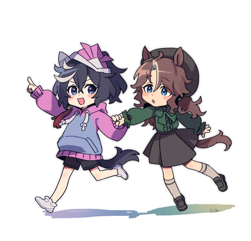 2girls :d aged_down animal_ears beret black_footwear black_hair black_shorts black_skirt blue_eyes brown_hair ear_covers fig_(lchijiku) green_shirt hair_between_eyes hat highres holding_hands hood hooded_sweater hoodie horse_ears horse_girl horse_tail katsuragi_ace_(umamusume) loafers long_hair looking_at_another mejiro_palmer_(umamusume) multicolored_hair multiple_girls official_alternate_costume pink_hoodie pointing ponytail raglan_sleeves shirt shoes shorts signature simple_background skirt smile socks streaked_hair sweater tail umamusume white_background white_footwear white_hair