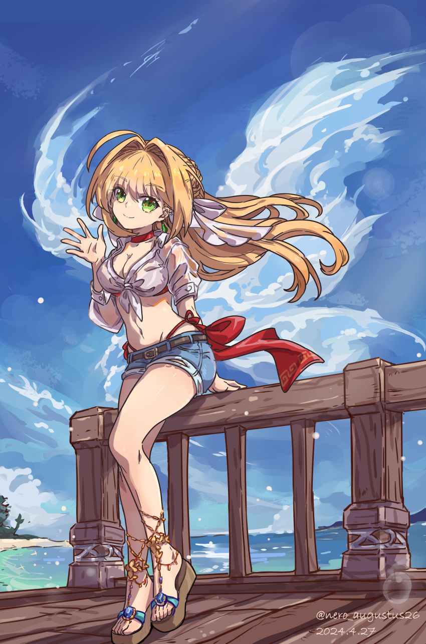 1girl absurdres against_railing arm_behind_back bare_legs belt bikini bikini_under_clothes breasts buckle buttoned_cuffs buttons chinese_commentary choker cleavage closed_mouth cloud cloudy_sky commentary_request crop_top dated denim denim_shorts fate/grand_order fate_(series) full_body green_eyes hair_ribbon hand_up highres long_hair looking_at_viewer medium_breasts midriff navel nero_augustus nero_claudius_(fate) ocean outdoors railing red_choker ribbon shirt short_shorts shorts side-tie_bikini_bottom sky sleeves_past_elbows smile solo stomach swimsuit tied_shirt twitter_username white_ribbon white_shirt wooden_floor wooden_railing
