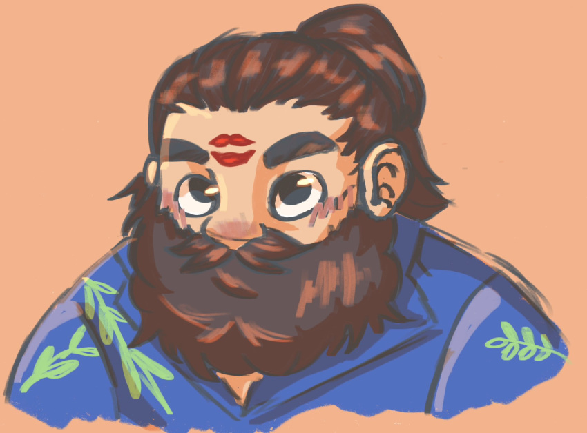 1boy beard beard_over_mouth blush cropped_torso dungeon_meshi dwarf facial_hair hair_bun highres lipstick_mark long_beard looking_up male_focus official_alternate_costume riversprodux senshi_(dungeon_meshi) single_hair_bun solo thick_mustache