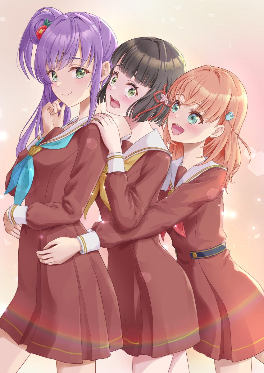 3girls :d absurdres aqua_eyes arms_around_waist black_hair blue_neckerchief blunt_bangs blunt_ends brown_dress cerise_bouquet closed_mouth commentary crossed_bangs dress flower flower_knot green_eyes hair_bun hair_flower hair_ornament hasu_no_sora_school_uniform highres hinoshita_kaho hug hug_from_behind kobassy link!_like!_love_live! long_hair long_sleeves looking_back love_live! medium_hair momose_ginko multiple_girls neckerchief open_mouth orange_hair otomune_kozue pink_background pleated_dress purple_hair rabbit_hair_ornament rainbow red_flower red_neckerchief sailor_collar sailor_dress sanpaku school_uniform short_dress short_hair side_ponytail sidelocks single_side_bun smile two_side_up virtual_youtuber white_sailor_collar winter_uniform yellow_neckerchief