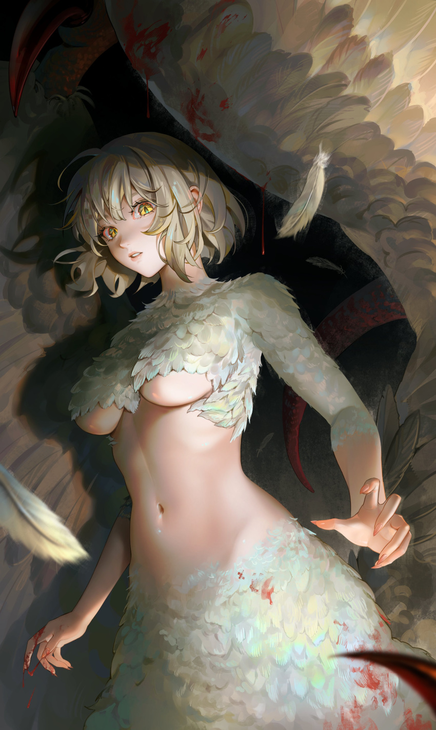 1girl absurdres blood blood_on_body blood_on_hands body_fur breasts chimera commentary cowboy_shot dungeon_meshi falin_touden falin_touden_(chimera) falling_feathers feathered_wings feathers highres light_brown_hair looking_at_viewer medium_breasts monster_girl navel parted_lips short_hair slit_pupils solo tail tamaki_(tamaki599) taur underboob white_feathers wings yellow_eyes