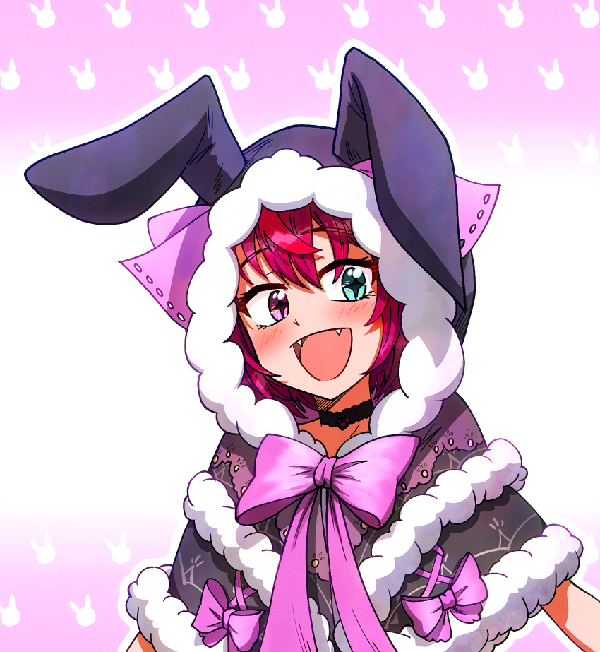 1girl :d animal_hood black_capelet black_choker blue_eyes blush bow bowtie capelet choker commentary cross-shaped_pupils ddolbang english_commentary fangs fur-trimmed_capelet fur_trim heterochromia highres hololive hololive_english hood hood_up hooded_capelet irys_(casualrys)_(hololive) irys_(hololive) layered_capelet looking_at_viewer multicolored_hair official_alternate_costume open_mouth pink_bow pink_bowtie pink_eyes rabbit_hood red_hair smile solo streaked_hair symbol-shaped_pupils upper_body virtual_youtuber