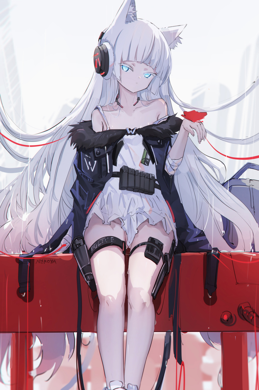 1girl absurdres animal_ear_fluff animal_ears ass_visible_through_thighs awp_(girls'_frontline)_(nekoya_(liu)) bandaged_arm bandages black_jacket blue_eyes closed_mouth colored_eyelashes commentary_request dress feet_out_of_frame fur-trimmed_jacket fur_trim girls'_frontline hand_up headphones highres jacket long_hair looking_at_viewer mecha_musume nekoya_(liu) off-shoulder_jacket off_shoulder original sitting sleeveless sleeveless_dress solo strap_slip very_long_hair white_dress white_hair