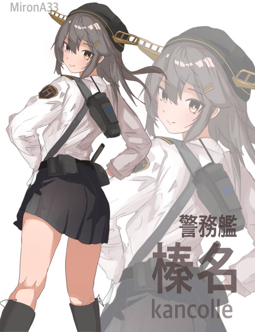 1girl alternate_costume artist_name badge belt beret black_footwear black_hair black_hat character_doll commentary_request dress feet_out_of_frame from_behind grey_eyes haruna_(kancolle) hat headgear highres kantai_collection long_hair looking_at_viewer looking_back miron_(mirona33) pleated_dress police police_uniform policewoman shirt solo translation_request uniform utility_belt white_shirt