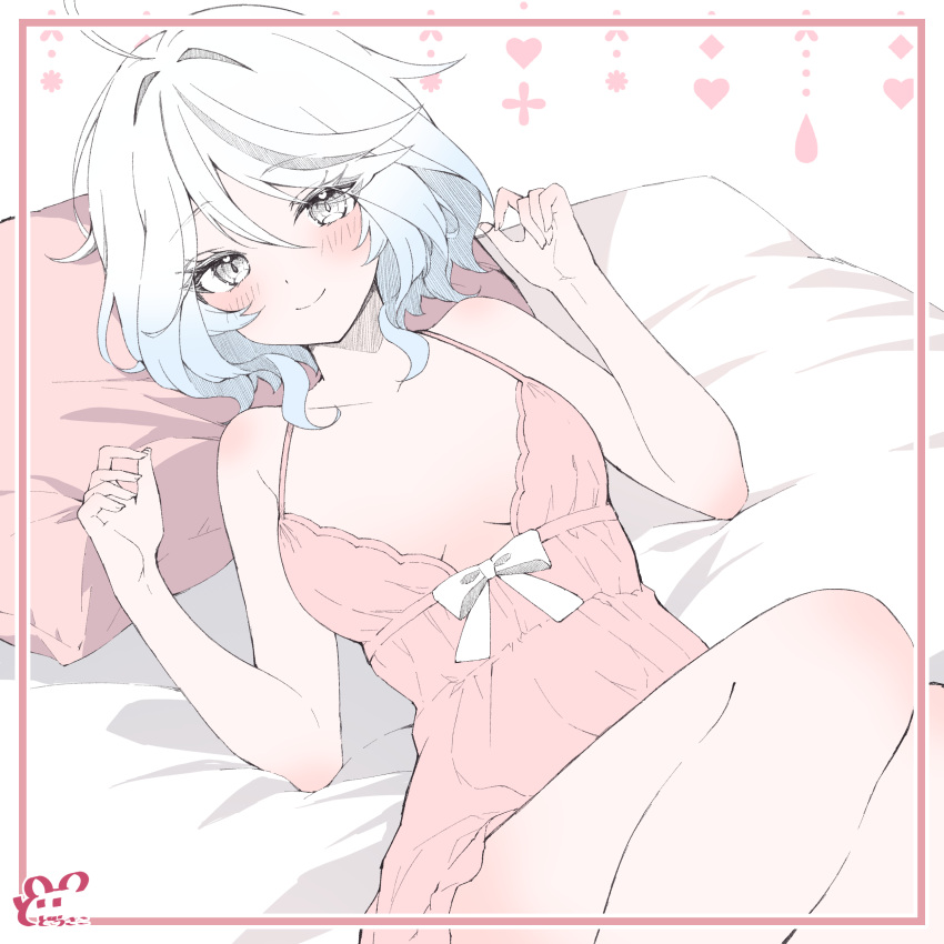 1girl absurdres bed blue_hair border breasts closed_mouth cross diamond_(shape) dodosako drop-shaped_pupils feet_out_of_frame furina_(genshin_impact) genshin_impact heart highres inset_border light_blue_hair looking_at_viewer lying mismatched_pupils on_back on_bed pillow pink_border ribbon short_hair simple_background sleepwear small_breasts smile solo symbol-shaped_pupils white_hair white_ribbon