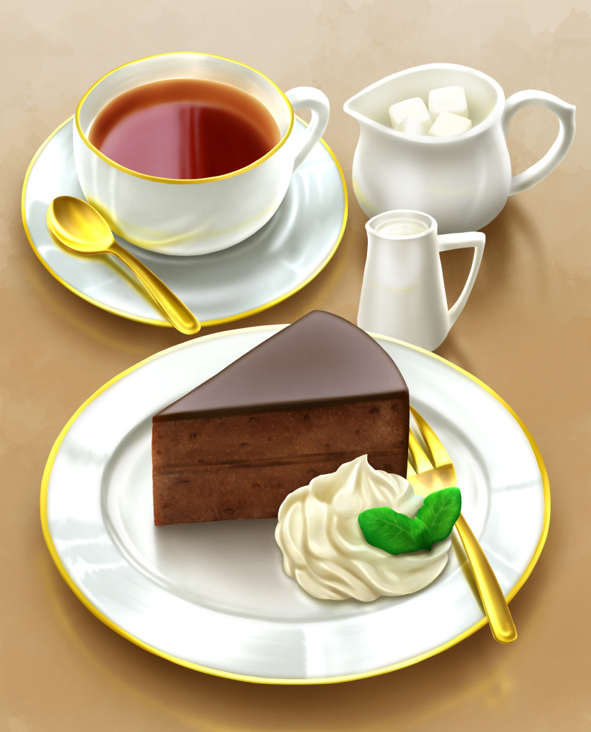 absurdres cake cake_slice chocolate_cake cup food food_focus fork highres laia_alkaloid no_humans original plate spoon sugar_cube tea teacup whipped_cream