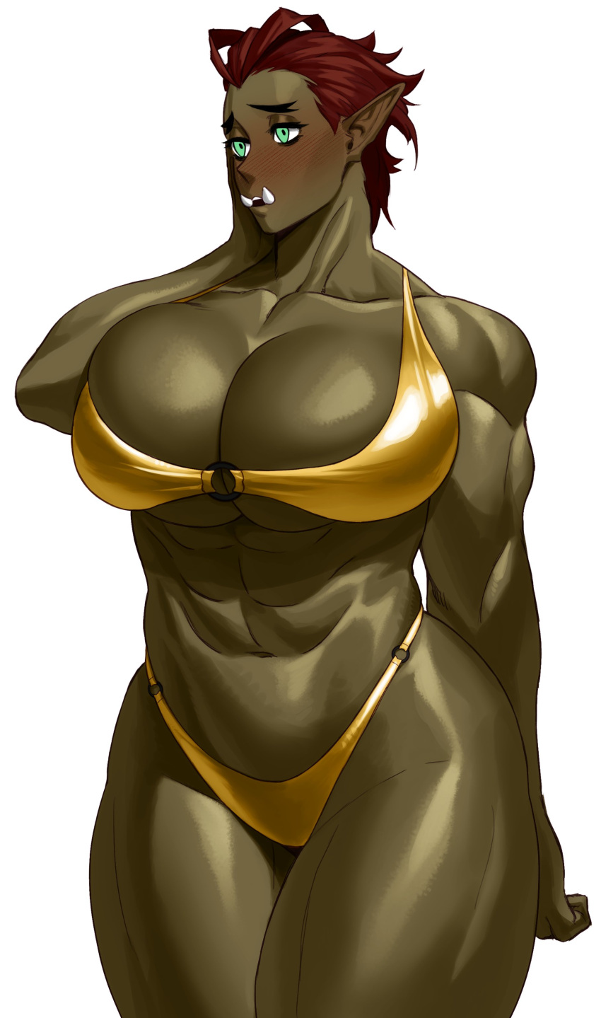 1girl abs absurdres bikini blush breasts colored_skin embarrassed female_orc gold_bikini golden_week green_eyes green_skin hand_on_own_cheek hand_on_own_face highres large_breasts looking_to_the_side muscular muscular_female navel orc original pointy_ears red_hair short_hair simple_background solo sotcho swimsuit thick_thighs thighs tusks white_background