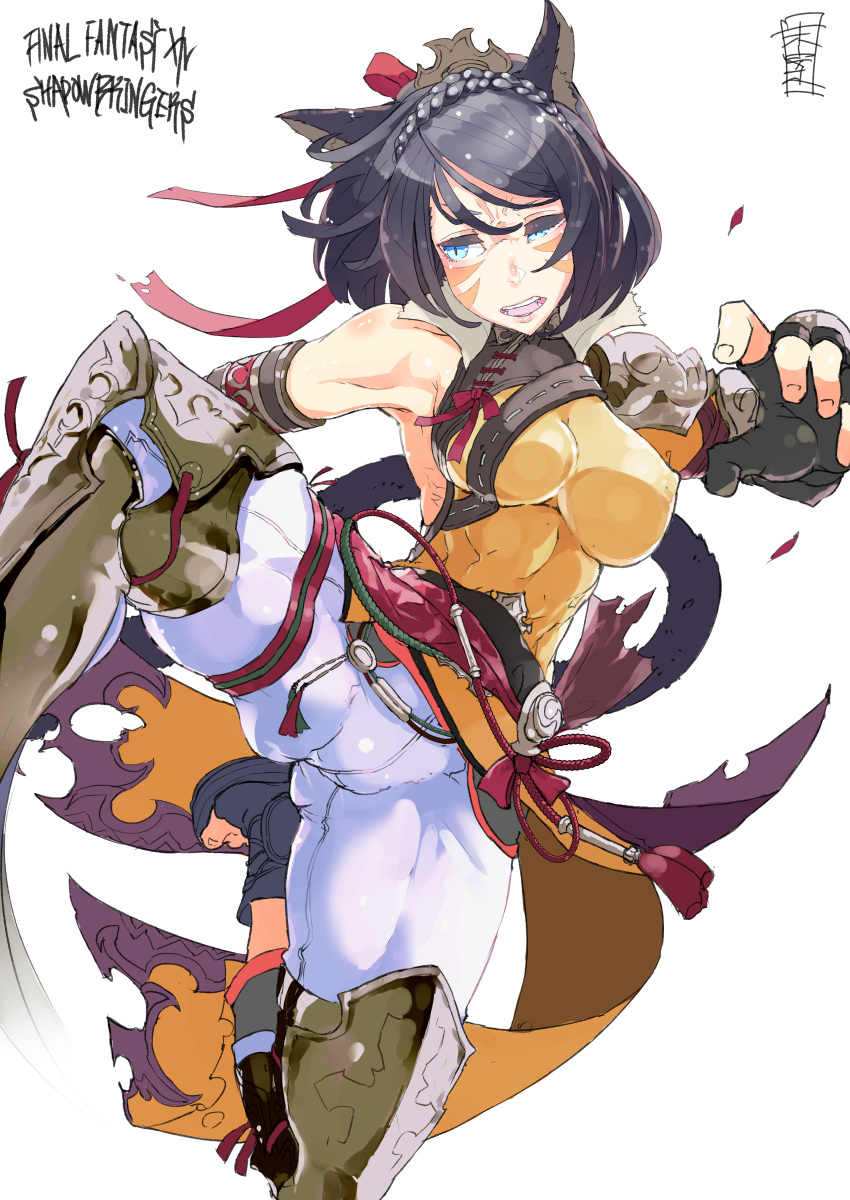 1girl absurdres animal_ears armor armpits artist_logo asymmetrical_clothes attack bangs bare_shoulders black_hair blue_eyes braid breasts cat_ears cat_girl cat_tail copyright_name covered_nipples crotch_seam crown_braid facial_mark fictional_persona final_fantasy final_fantasy_xiv fingerless_gloves gloves greaves hair_ribbon half-closed_eye highres impossible_clothes leg_armor looking_to_the_side medium_breasts medium_hair mian midair miqo'te monk_(final_fantasy) open_toe_shoes pants ribbon serious shoes simple_background skin_tight slit_pupils solo spread_legs swept_bangs tail toes whisker_markings white_background