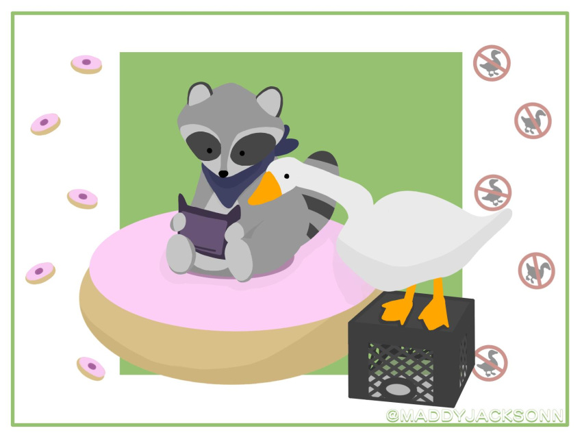 4:3 anatid anseriform anserinae avian bird bk_(donut_county) donut_county doughnut duo feathers feral food fur goose goose_(untitled_goose_game) grey_body grey_fur hi_res holding_object mammal procyonid raccoon simple_background untitled_goose_game white_body white_feathers