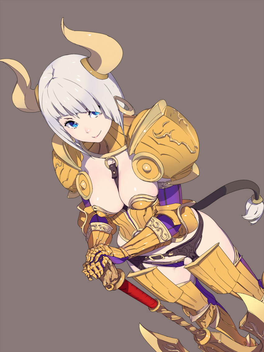 1girl armor axe battle_axe bikini_armor blue_eyes breasts closed_mouth cow_girl dutch_angle earrings elbow_gloves feet_out_of_frame garter_belt gauntlets gloves grey_background grey_hair hands_on_hilt highres hisho_collection hoop_earrings horns jewelry large_breasts looking_at_viewer metal_boots nagisa_kurousagi pauldrons purple_gloves purple_legwear simple_background smile solo standing tail thighhighs weapon