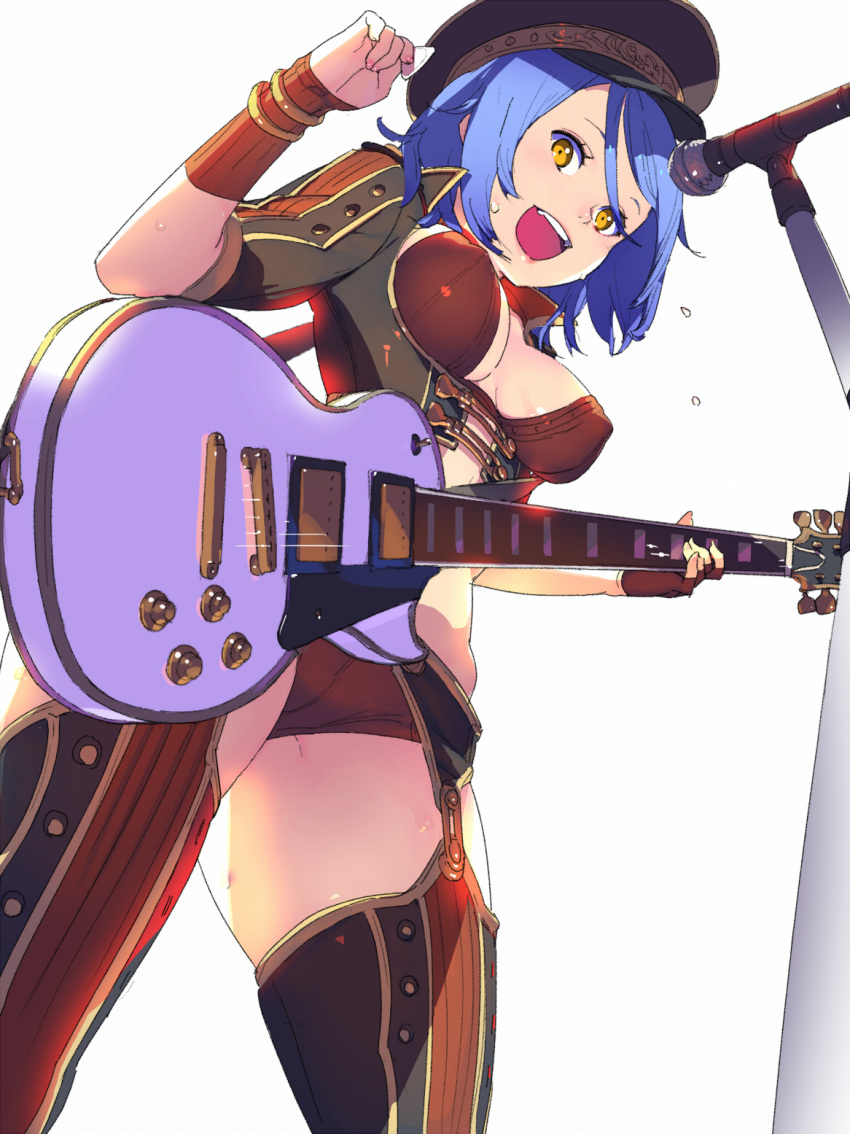 1girl :d black_headwear blue_hair bra bracelet breasts brown_bra brown_panties covered_nipples electric_guitar flying_sweatdrops from_below garter_belt guitar hand_up hat highres hisho_collection holding holding_instrument instrument jewelry les_paul looking_at_viewer looking_down medium_breasts microphone microphone_stand music nagisa_kurousagi open_mouth panties playing_instrument short_hair simple_background smile standing thighhighs underwear white_background wristband yellow_eyes