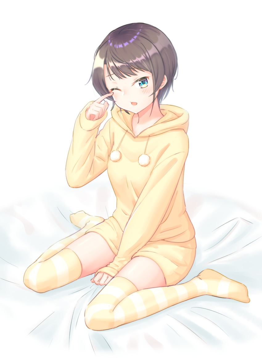 1girl absurdres bangs bed_sheet between_legs blue_eyes blush breasts commentary_request drawstring eyebrows_visible_through_hair full_body hand_between_legs highres hololive hood hood_down hoodie long_sleeves looking_at_viewer medium_breasts nagape on_bed one_eye_closed oozora_subaru open_mouth pom_pom_(clothes) rubbing_eyes short_hair shorts sidelocks simple_background sitting sitting_on_bed sleepy sleeves_past_wrists solo striped striped_legwear thighhighs virtual_youtuber waking_up wariza white_background yellow_hoodie yellow_legwear yellow_shorts zettai_ryouiki