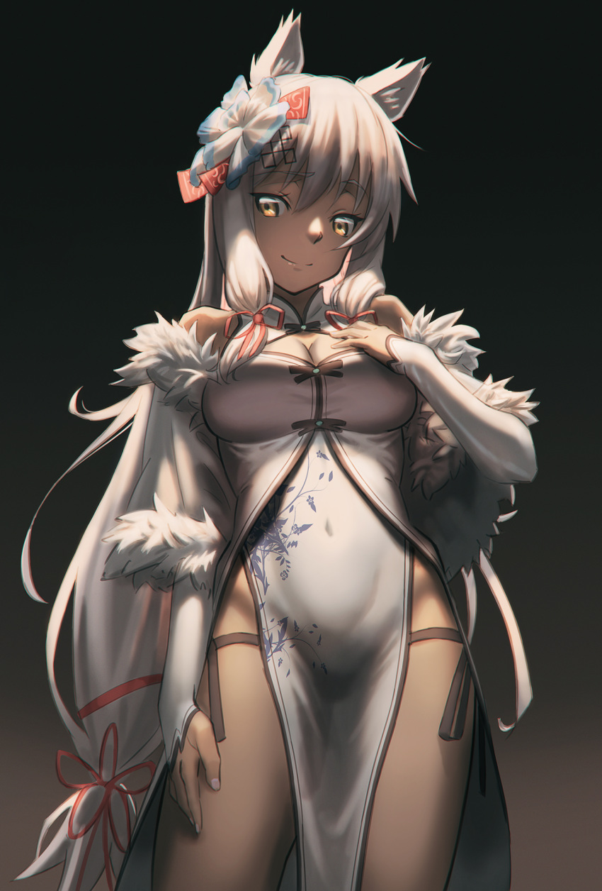 1girl animal_ear_fluff animal_ears bangs bare_shoulders breasts brown_eyes china_dress chinese_clothes cleavage cleavage_cutout closed_mouth commentary_request covered_navel dark_skin detached_sleeves dress eyebrows_visible_through_hair flower girls_frontline hair_between_eyes hair_flower hair_ornament hair_ribbon hand_up highres hironii_(hirofactory) long_hair long_sleeves looking_at_viewer m590_(girls_frontline) medium_breasts nail_polish pelvic_curtain pink_nails print_dress red_ribbon ribbon sidelocks sleeveless sleeveless_dress sleeves_past_wrists smile solo very_long_hair white_dress white_flower white_hair white_sleeves