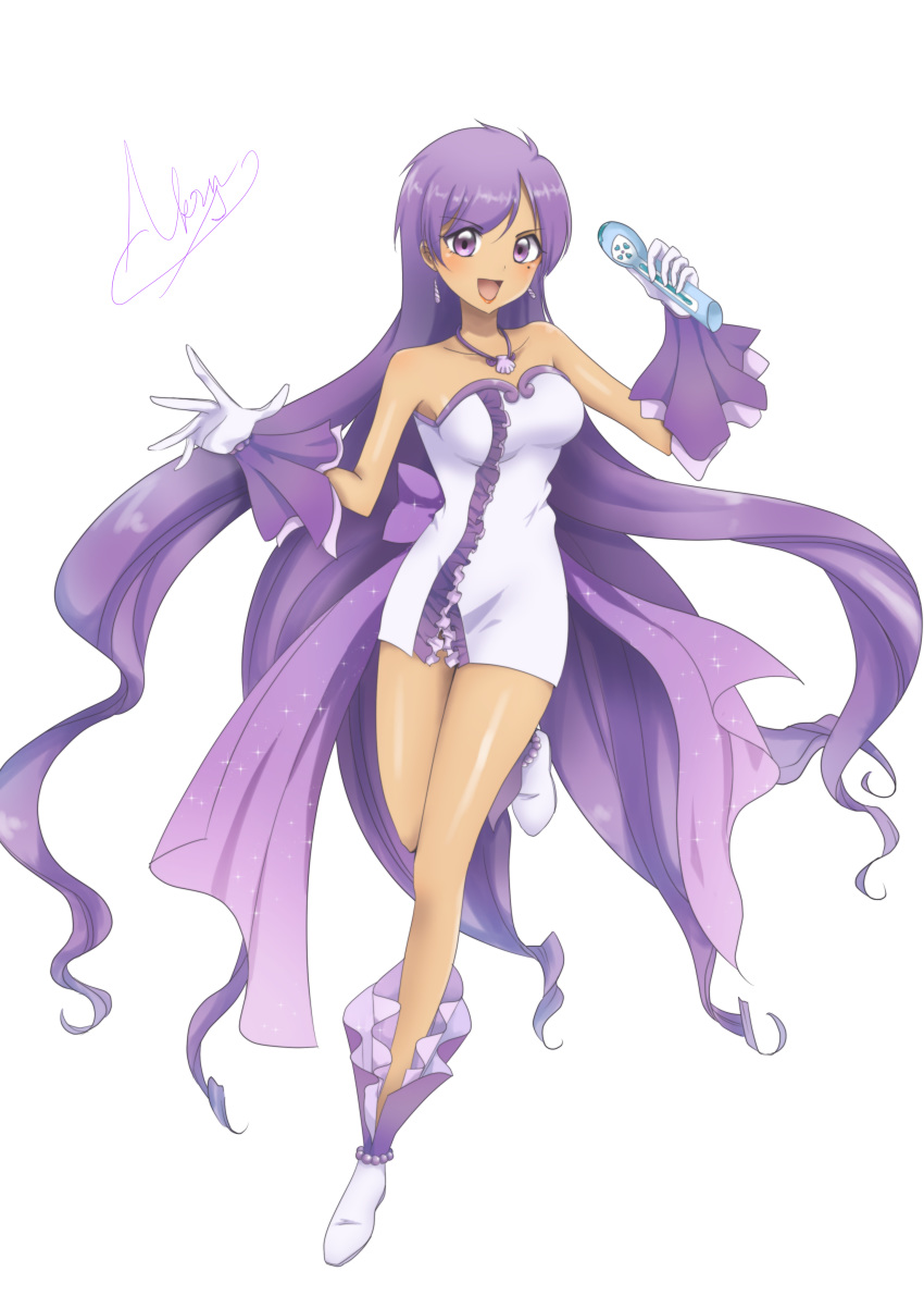 1girl absurdres bare_shoulders beautiful_witch_sakuran caren_(mermaid_melody_pichi_pichi_pitch) dress drill_hair gloves highres idol jewelry long_hair looking_at_viewer mermaid_melody_pichi_pichi_pitch microphone necklace purple_eyes purple_hair short_dress signature simple_background solo standing tan white_background white_dress white_footwear white_gloves