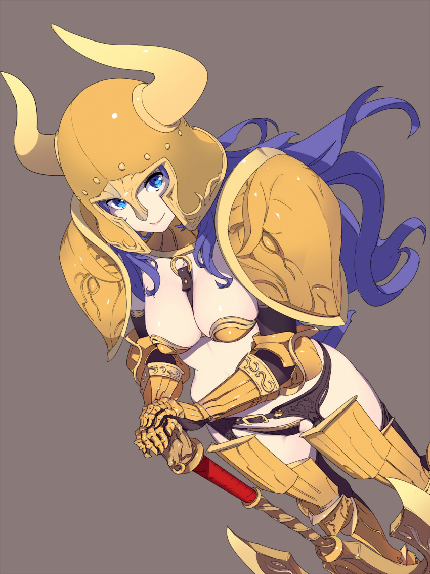 1girl armor axe battle_axe bikini_armor black_gloves black_legwear blue_eyes blue_hair breasts closed_mouth dutch_angle elbow_gloves feet_out_of_frame floating_hair garter_belt gauntlets gloves grey_background hands_on_hilt helmet highres hisho_collection horned_helmet horns large_breasts looking_at_viewer metal_boots nagisa_kurousagi pauldrons simple_background smile solo standing thighhighs weapon