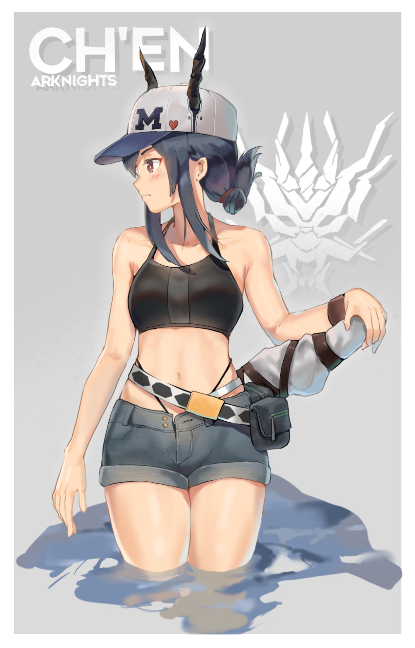 1girl absurdres arknights bare_arms bare_shoulders baseball_cap belt black_hair blush brown_eyes camisole ch'en_(arknights) character_name commentary copyright_name cowboy_shot crop_top folded_ponytail grey_background grey_shorts halterneck hat heart highleg highleg_panties highres horns horns_through_headwear long_hair looking_to_the_side midriff navel panties pouch profile short_shorts shorts sidelocks simple_background solo standing stomach thighs underwear unicron_(brous) wading white_headwear wristband