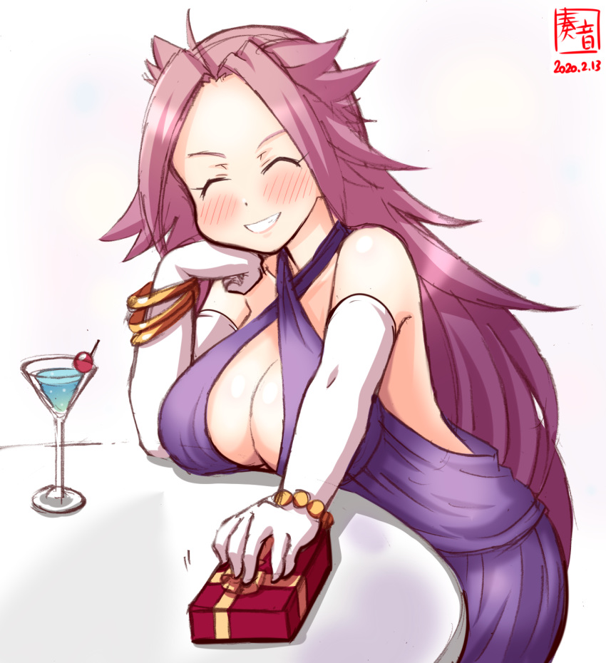1girl alternate_costume artist_logo box breast_rest breasts cleavage_cutout closed_eyes commentary_request dated dress facing_viewer gift grin highres jun'you_(kantai_collection) kanon_(kurogane_knights) kantai_collection large_breasts long_hair purple_dress purple_hair simple_background smile solo spiked_hair table white_background