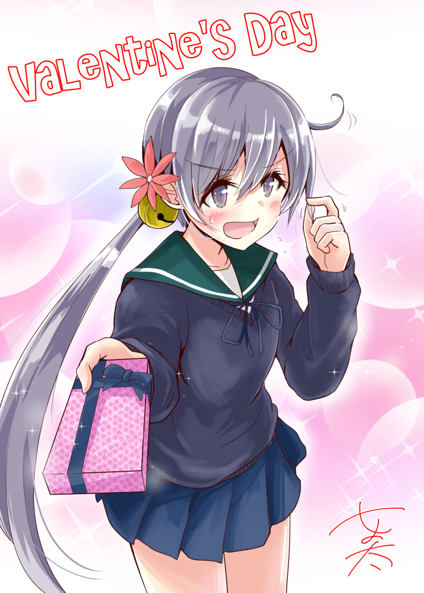 1girl akebono_(kantai_collection) bell blue_skirt blush box commentary_request eyebrows_visible_through_hair flower gift gift_box hair_bell hair_between_eyes hair_flower hair_ornament highres holding holding_gift holding_hair kantai_collection long_hair looking_at_viewer nyonyonba_tarou open_mouth plaid plaid_skirt purple_eyes purple_hair purple_sweater sailor_collar side_ponytail signature skirt solo sparkle sparkle_background sweatdrop sweater valentine very_long_hair white_serafuku